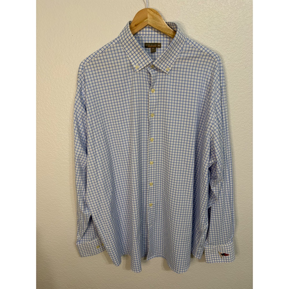 Peter Millar Summer‎ Comfort Mens XXL Blue White Gingham Check Button Down Shirt